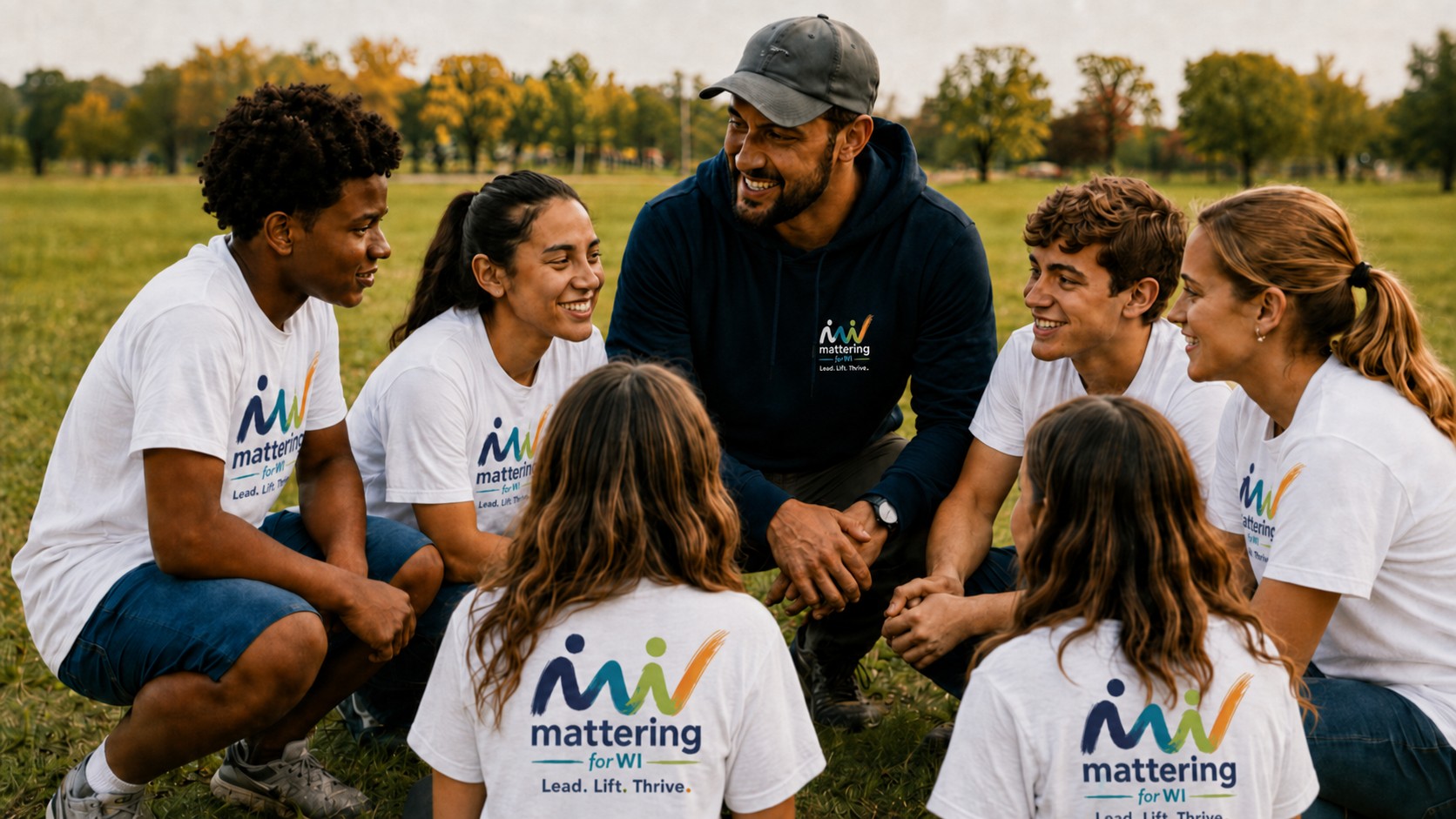 A mentor talking with smiling teens on a field