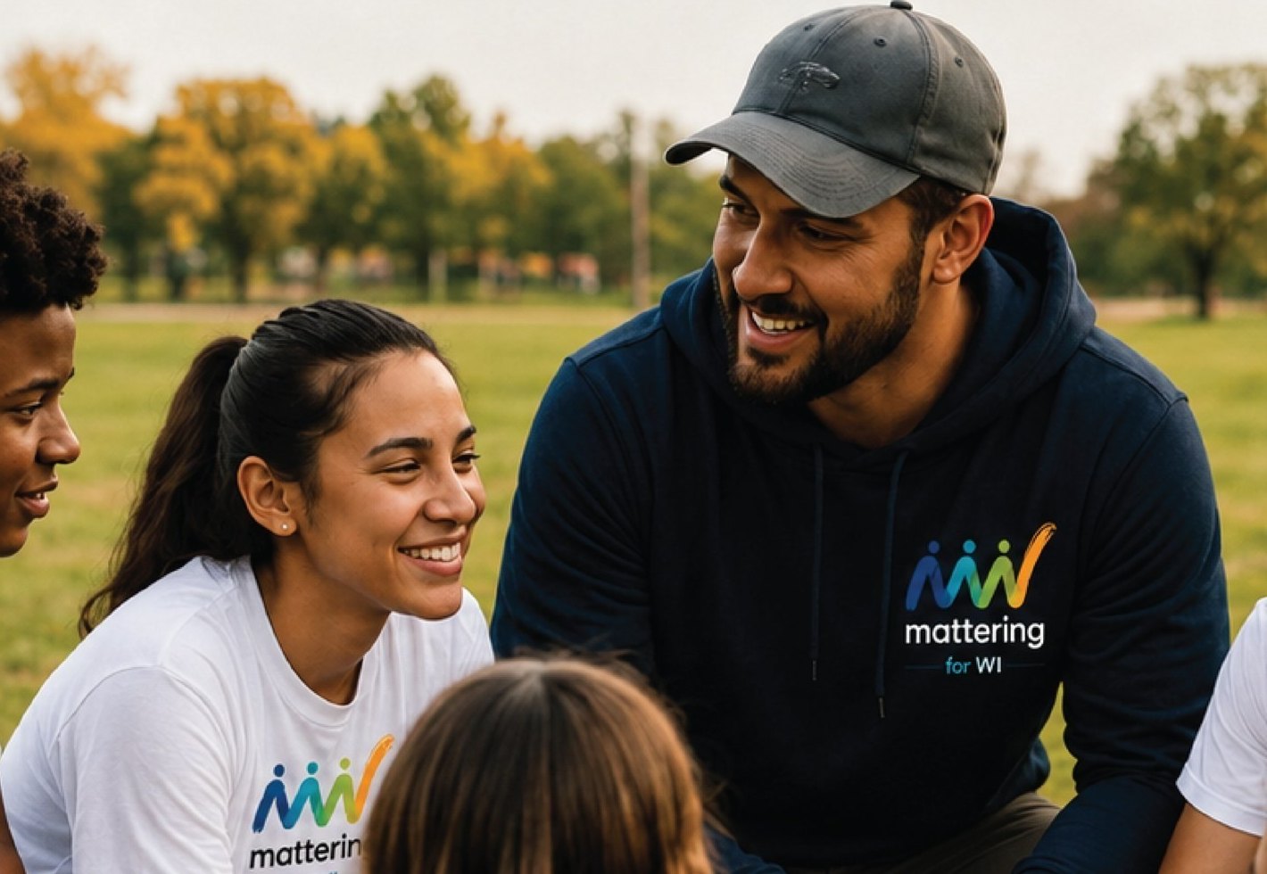 A mentor with young people on a field