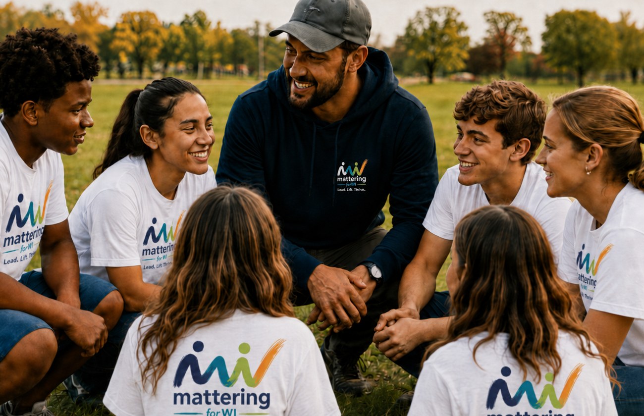 A mentor with young people on a field